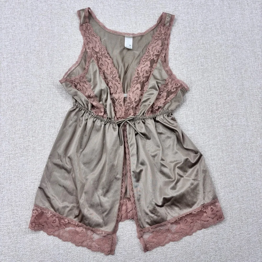 Vintage babydoll lace lingerie Bow tank top Sz Medium taupe pink pullover - Picture 1 of 7